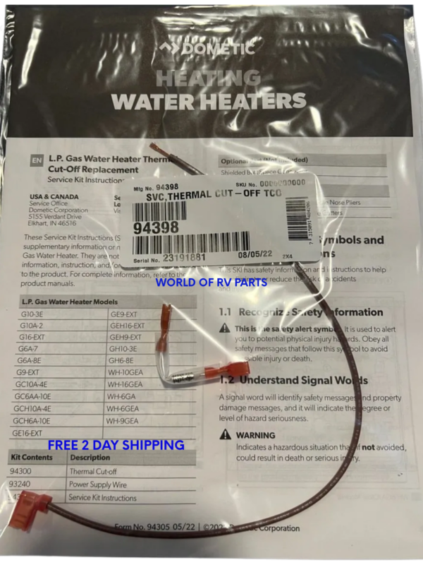 Dometic 94398 Thermal Cut Off OEM Water Heater Fits Dometic / Atwood Replaces 93866